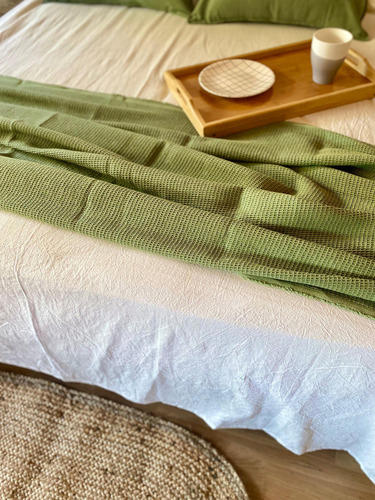 Manta Waffle 100x260 Cm Pie De Cama Manta De Sillón Color Verde Seco