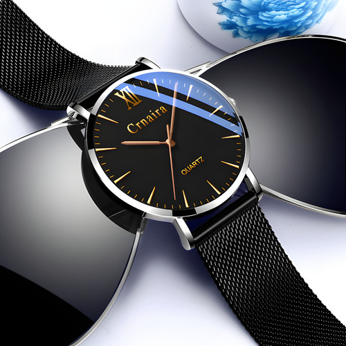 Reloj Hombre De Cuarzo Casual Simplicidad Negro Correa Malla