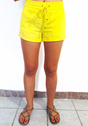 Short Amarillo Con Resorte Y Jareta En Cintura Tela De Lino