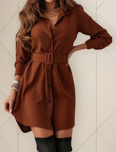 Vestido Camisero De Manga Larga Con Botones Y Cinturón