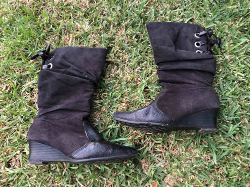 Botas De Gamuza Negra Taco Chino (1r) Talle 35 Caña Alta