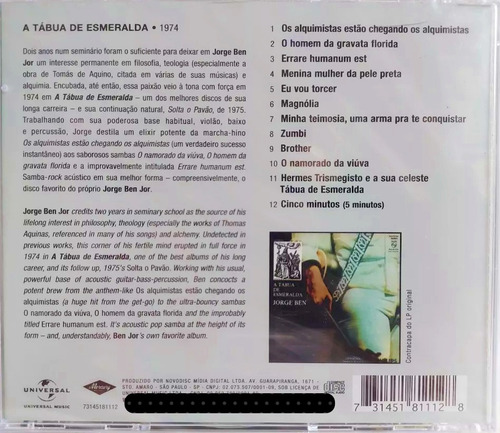 Cd A Tábua De Esmeralda - Jorge Ben (1974) - Universal Music Cd