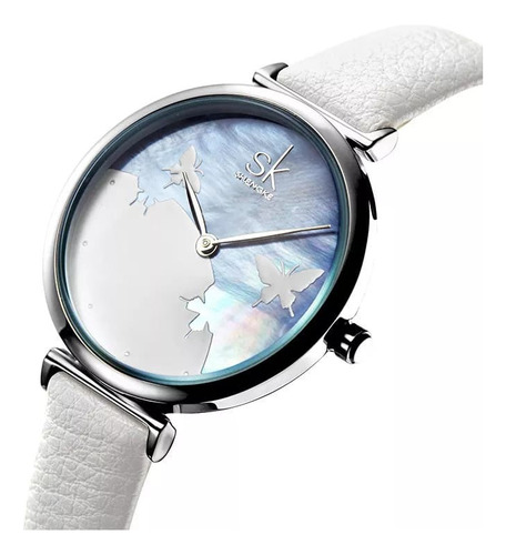 Reloj De Mujer Shengke Correa De Cuero Blanca Dial Plateado 