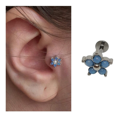 Piercing Labret Flor Con Opalo Celeste Acero Quirurgico Color Plateado