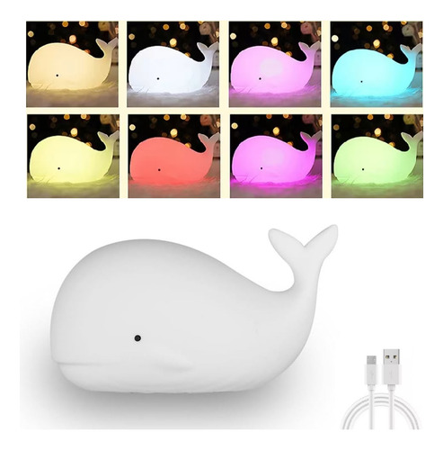 Lampara De Luz Nocturna De Silicona Recargable Usb Con 7 Cambios De Color Led, Linda Luz Nocturna De Ballena Para Bebés