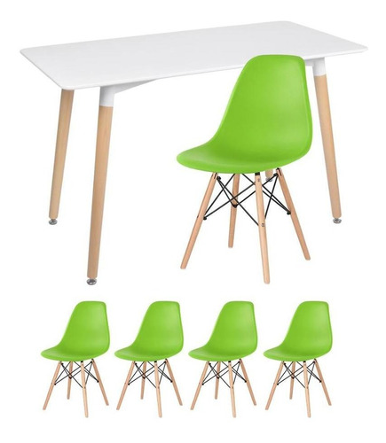 Kit Mesa Jantar Eames Retangular  4 Cadeiras Eiffel Wood Av Cor da tampa Mesa branco com cadeiras verde claro