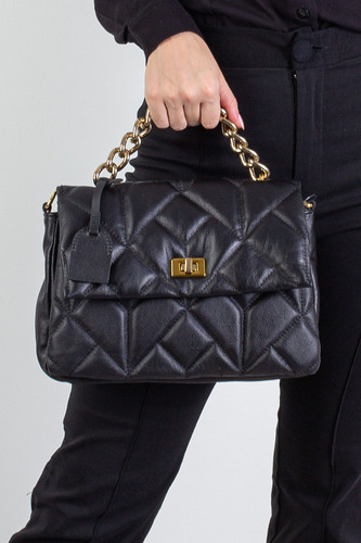 Bolsa De Couro Com Corrente Matelassê Gabriela Cor Preto
