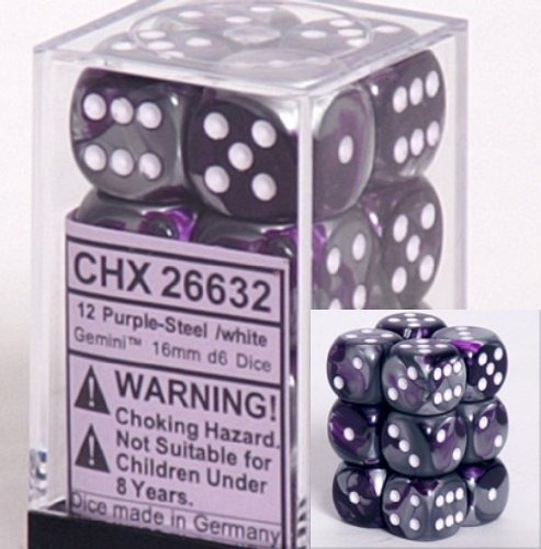 Chessex Dados Conjuntos D6: Gemini Púrpura Y Blanca De Acero