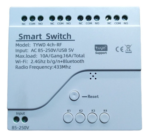 Interruptor Inteligente 4 Canales Wifi + Rf 433mhz - Tuya Color Blanco