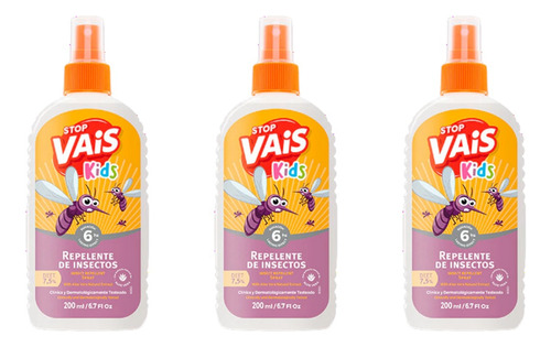 Repelente Insectos Mosquitos Vais Stop Kids 6 Hs 200ml X 3