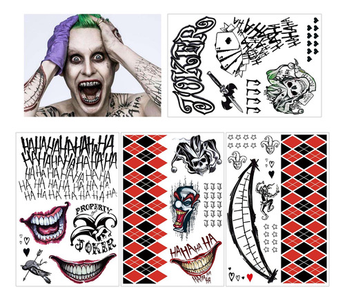Joker Tattoos - Calcomanías De Escuadrón Suicida, 4 Hojas De