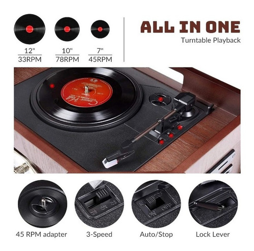 Tocadiscos Clásico De Madera 10 En 1 Conexión Bluetooth