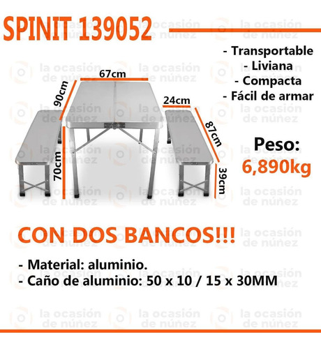 Imagen 2 de 7 de Mesa Plegable Camping Picnic Aluminio Liviana Con Bancos