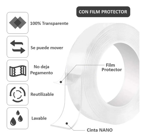 Cinta Doble Faz Transparente 1 Metro Para Pegar Objetos Transparente