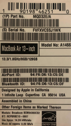 Macbook Air 2017 13 Pulgadas Intel Core I5 8gb Ram 128gb Ssd (Usado)