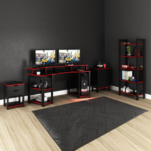 Mesa Gamer Para 2 Monitores Em Curva Com Estante E 2 Balcões Cor Preto com Vermelho