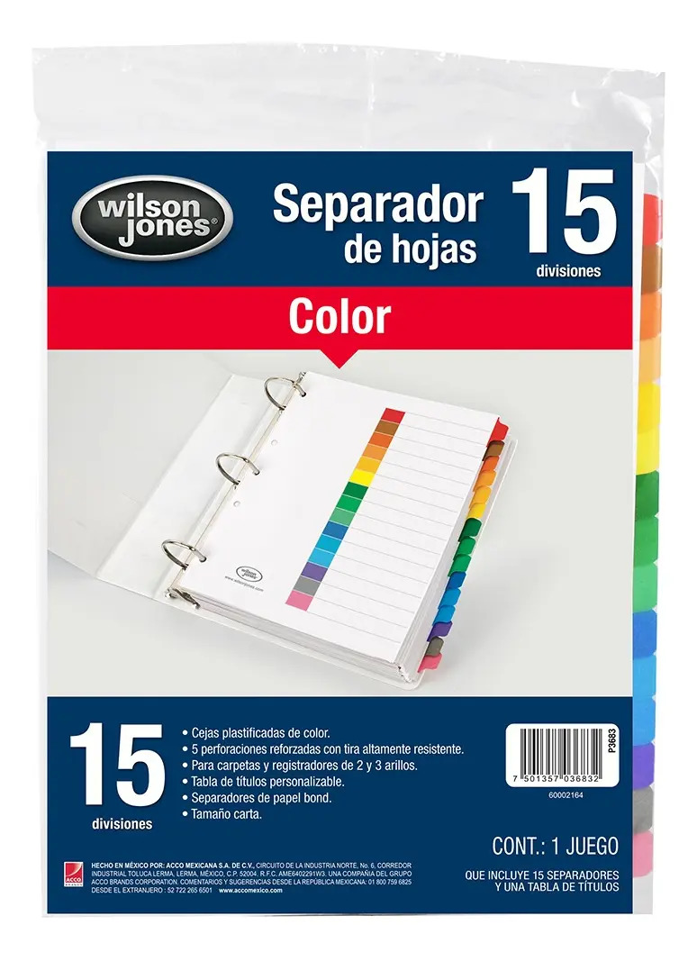 Separador De Hojas Para Carpeta De Argolla C/15 Divisiones