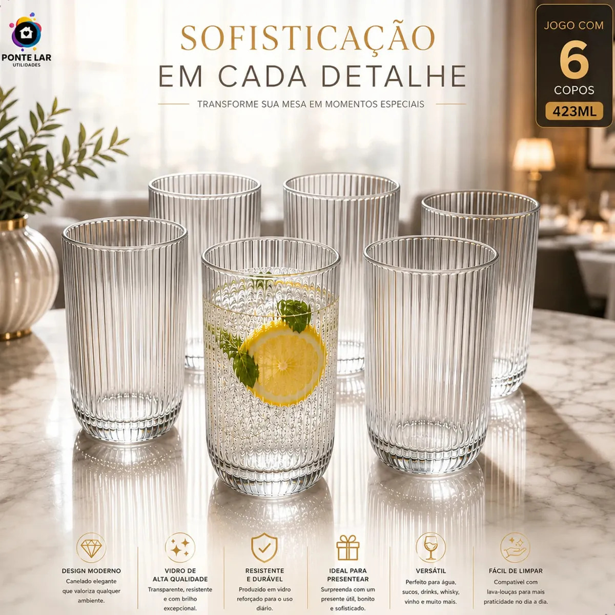 Jogo 6 Copos Vidro Canelado 423ml Moderno Elegante Premium Vinho Água Suco Drinks Gin  Whisky Jogo Copos Taça Copo Conjunto Design Luxo Texturizado Cozinha Restaurante Decoração - Ponte Lar Utilidades