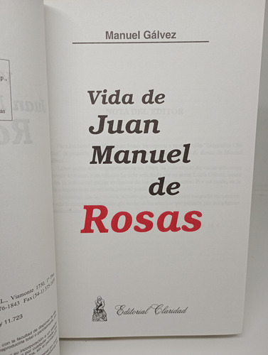Vida De Juan Manuel De Rosas. Gálvez (1623) (Usado)