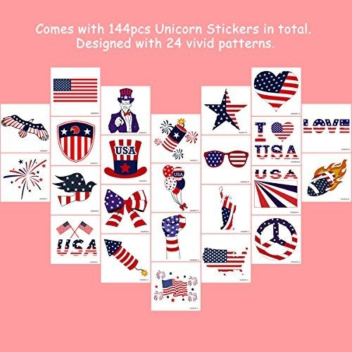 24 Patterns -1.8inchX1.8inch Unomor 144PCS 4th of July Tattoos Patriotic Stickers Tattoos for 4th of July Party Favors Party Supplies Independence Day Party Supplies 