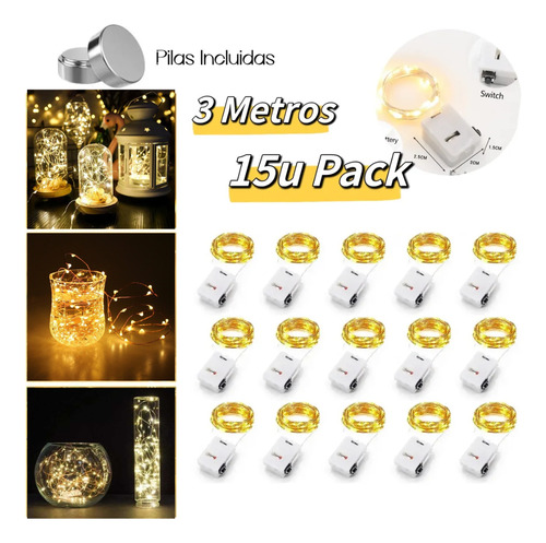 Alambre De Led 3mts Luz Con Pila Pack X15 Navidad Decoración Cálida