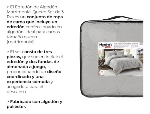 Edredón De Algodón Matrimonial Quee Set De 3 Pzs Gris