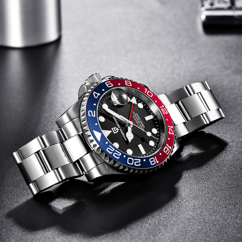 Reloj Pagani Design Pd-1662 Gmt Masculino Plateado Silvery Blue/red Negro