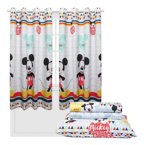 Kit Mickey Aviador Infantil Cortina Corta Luz + Jogo Lençol