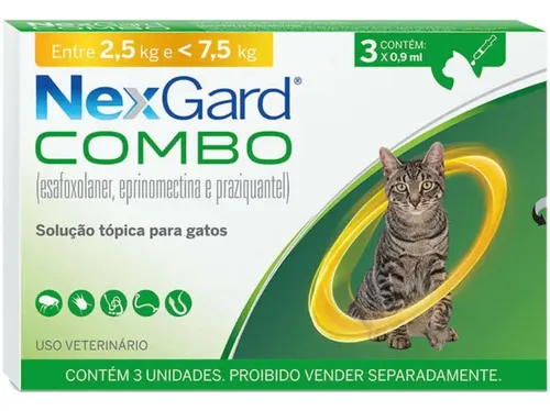 Nexgard Combo Original Gatos Antipulgas Vermes 2,5 A 7,5 Kg 3 Pipetas Cor Amarelo