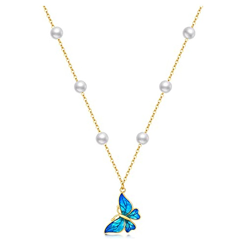 Collar Sisgem De Mariposa En Oro 14k Con Perlas
