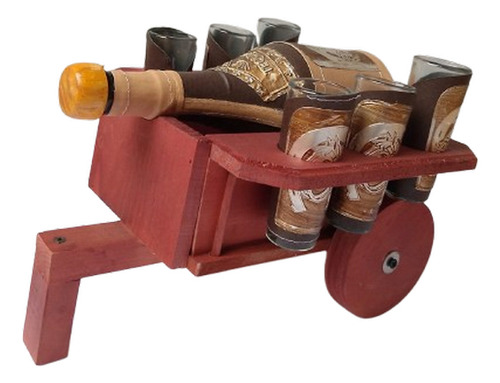 Tequilero Carreta De Madera Con Botella Y Tequileros