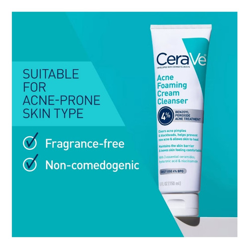 Cerave Cleanser Acné Espuma Limpiadora Para Control De Acné Acneica Día/noche