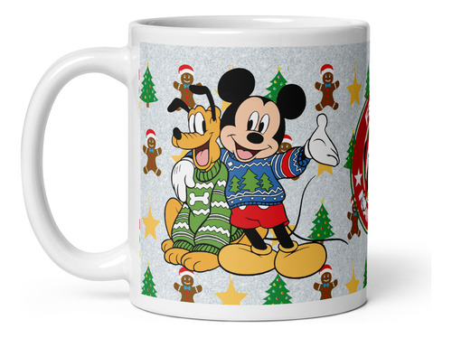 Taza Mouse Pad Y Posavaso Mickey Y Pluto Feliz Navidad Md4