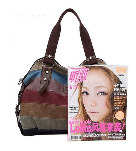 Bolso De Hombro Vintage Casual De Lona A Rayas De Gran Capac