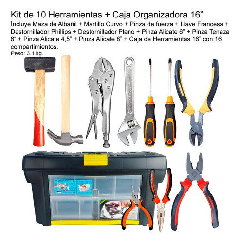 Kit Herramientas Manuales 10 Piezas Con Caja 16 Pulgadas Bz3