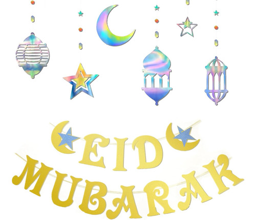 Banners De Eid Mubarak E Iridiscente Estrella Luna Linterna