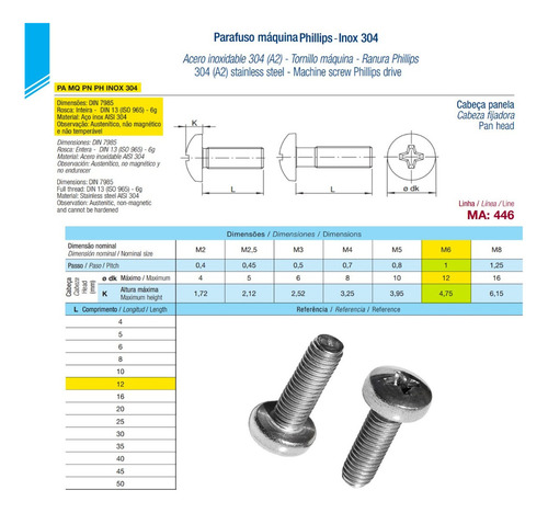 Parafuso Inox M6 X 12 Cabeça Panela Phillips M6x12 - 20 Pçs