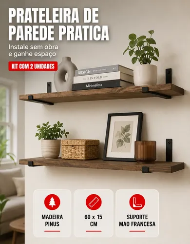 Kit ​Prateleiras Madeira Industrial 2 Unidades 60x15 Marrom