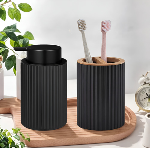 Dispenser De Jabon Mas Soporte Para Cepillos Negro Y Dorado