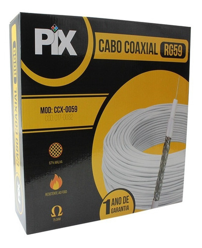 Cabo Coaxial Rg59 67% Malha, Branco 100 Metros - Pix