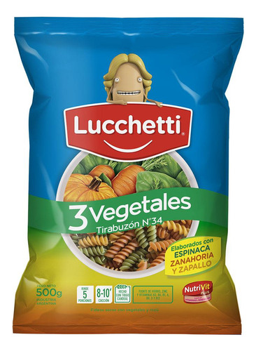 Fideos Lucchetti 3 Vegetales Tirabuzón N°34 500g