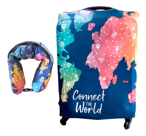 Kit Funda Cubre Valija Grande + Cuello Guarda Ropa Almohada Mapa Connect