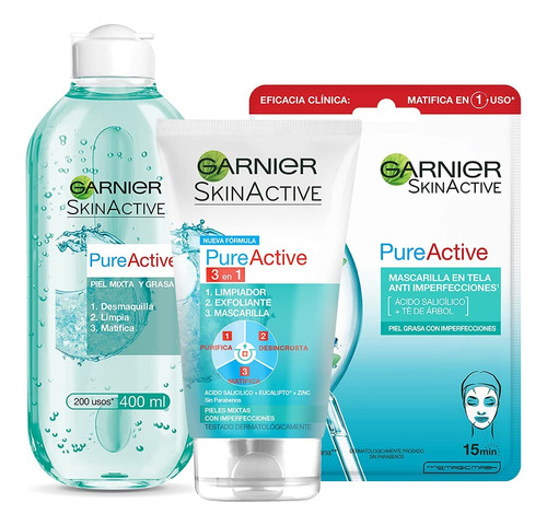 Pack Garnier Pure Active Agua Micelar + Mascarilla + Gel