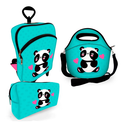 Kit Mochila C/ Rodinhas + Lancheira +necessaire Baby Panda