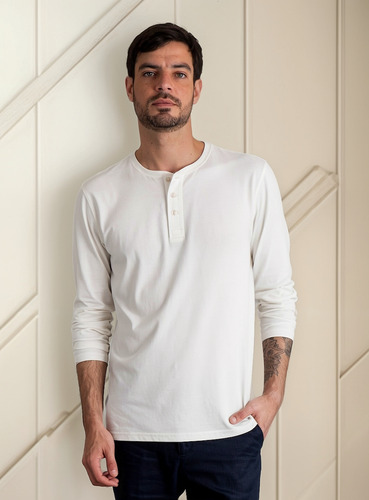 Polo Henley 100% Algodón Pima Cuello Con Botones Manga Larga