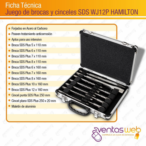 Imagen 6 de 7 de Set Mechas Punta Cincel Sds Plus 12 Piezas Hamilton Wj12p