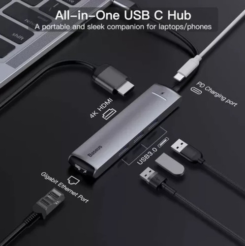 Baseus Adaptador Hub 3.0 Usb-c 4k Hdmi Rj45 6 En 1 Aluminio