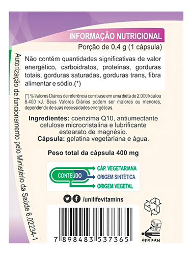 Coenzima Q10 100mg 60 Cápsulas Coq10 Ubiquinona Unilife