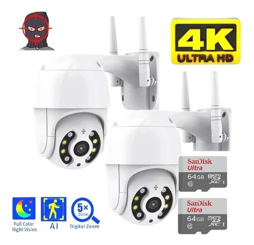 Kit 2 Cameras Segurança Ip Prova D'água Cartão Memória 64 Gb