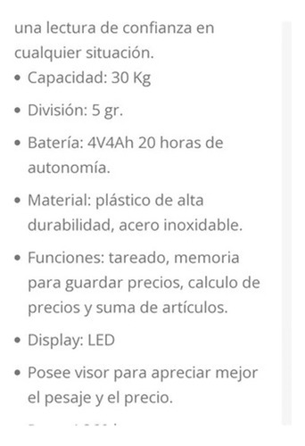 Balanza Peso Digital 30kg Recargable Con Visor Marca Roccia